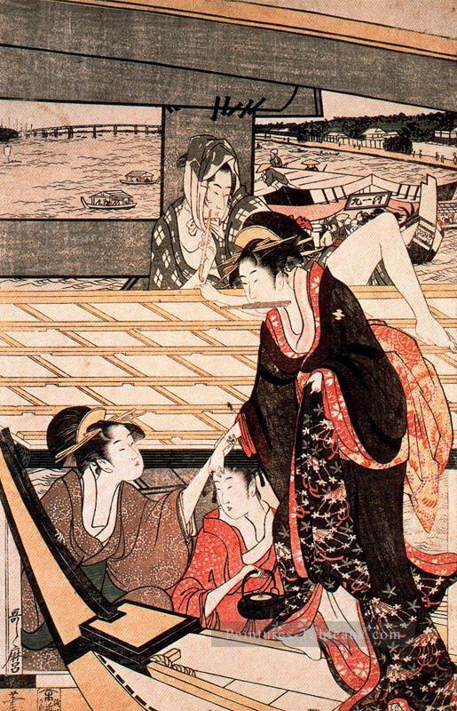 Une scène sur le pont Kitagawa Utamaro japonais Peintures à l'huile
